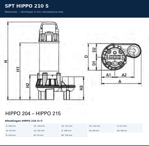 Image of SPT HIPPO 210 S maatschets afmetingen