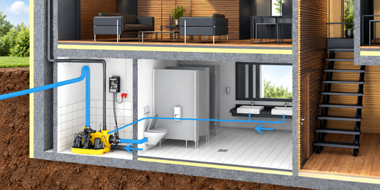 Doorsnede van een opvoerinstallatie voor een badkamer onder rioolniveau