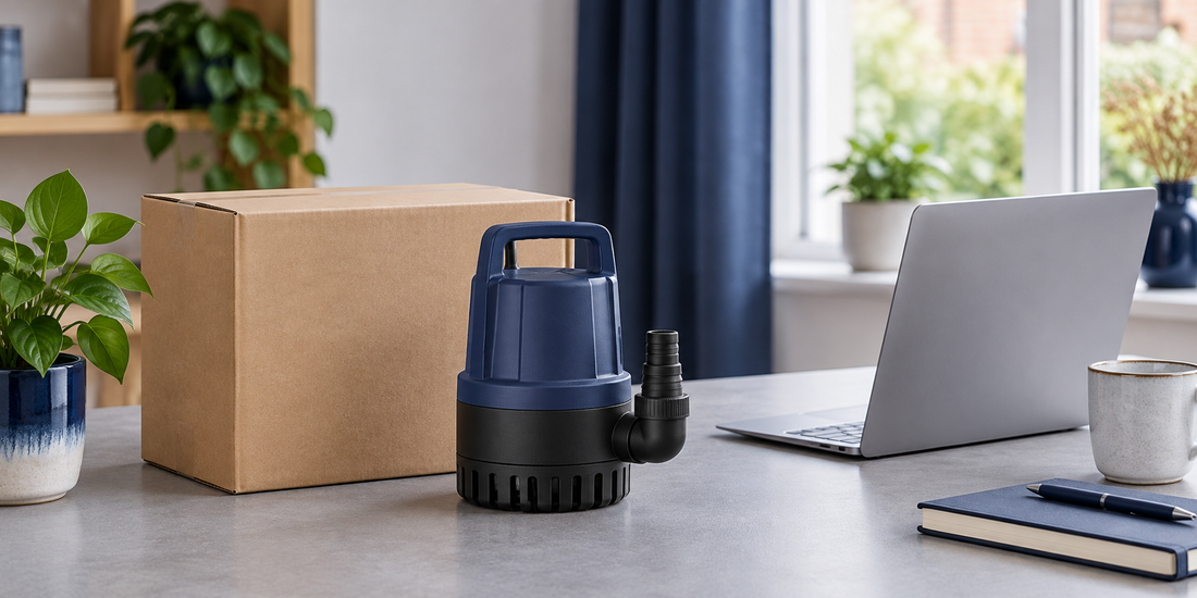 Illustratie van een online pompaankoop met pomp, verpakking en laptop