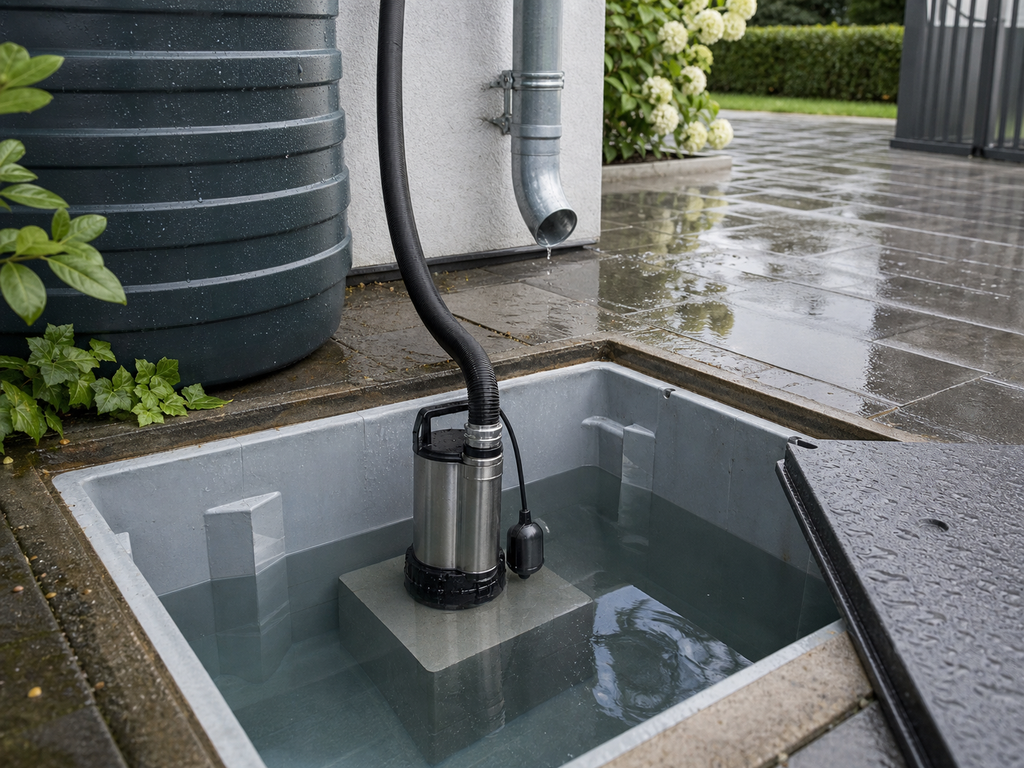 Dompelpomp in een pompput voor regenwater en licht vervuild water