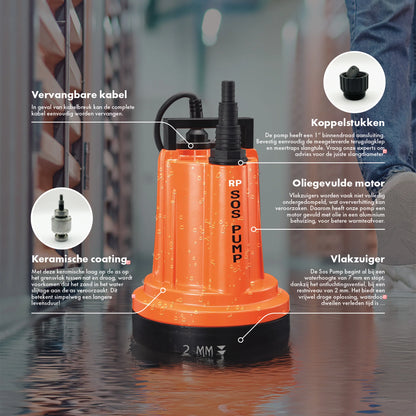 Afbeelding SOS PUMP met kenmerken van de vlakzuigdompelpomp, vervangbare kabel, koppelstuk, terugslagklep, keramische coating