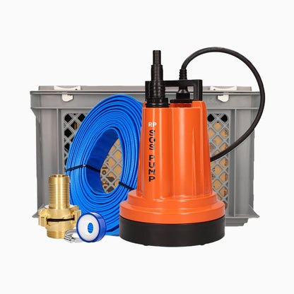 SOS PUMP PLUS FLUT-BOX complete set met dompelpomp, waterslang en messing koppeling in de transportkrat