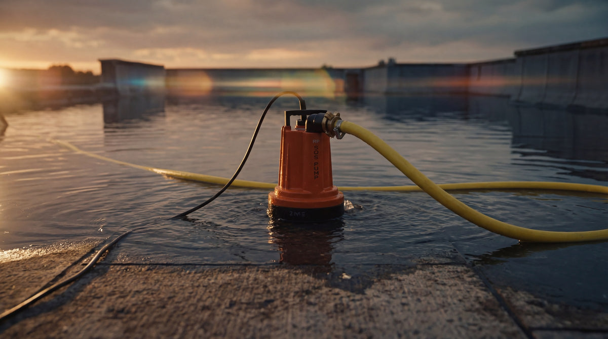 SOS PUMP dompelpomp pompt regenwater weg van een ondergelopen plat dak