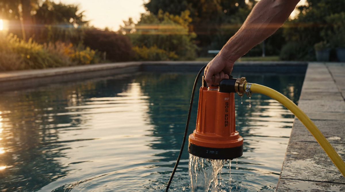 SOS PUMP dompelpomp wordt in een zwembad gehangen om het water weg te pompen